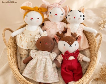 Combo 5 Animal Doll With Removable Outfits, Handmade Linen Doll, Clothes Doll, Fabric Doll, Rag Doll, Easter Birthday Gift For Kid 13 inches