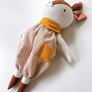 NEWEST Design Deer Doll Linen Heirloom, Stuffed Animal Doll Deer Doll With Overalls, Hand Embroidered Handmade Fabric Doll image 4