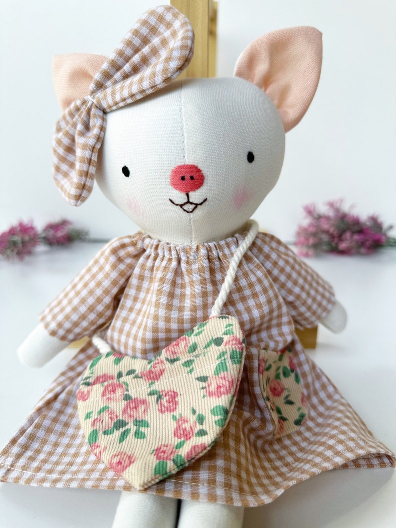 Handmade Linen Pig Doll With Dress, Soft Fabric Doll, Textile Doll, Personalized Birthday Gift For Kids, Heirloom Doll For Girls image 4