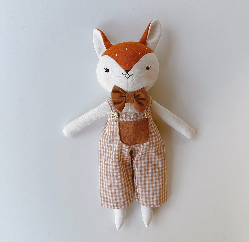 Fox Doll Animal Cloth Doll, Handmade Linen Doll, Stuffed Animal Toy For Woodland Nursery, Baby Shower, Fox Sewing Doll image 1