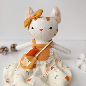 Handcrafted Cat Doll, Soft Doll Nature Linen Fabric, Handmade Stuffed Animal Toy, Unique Art Doll, Doll Clothes For Girls, Gift For Kids image 4