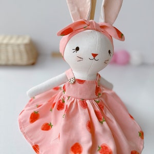 Bunny Dolll With Pink Strawberry Dress, Heirloom Handmade Doll, Textile Doll, Doll Princess Dress, 33 cm 13 inches image 9