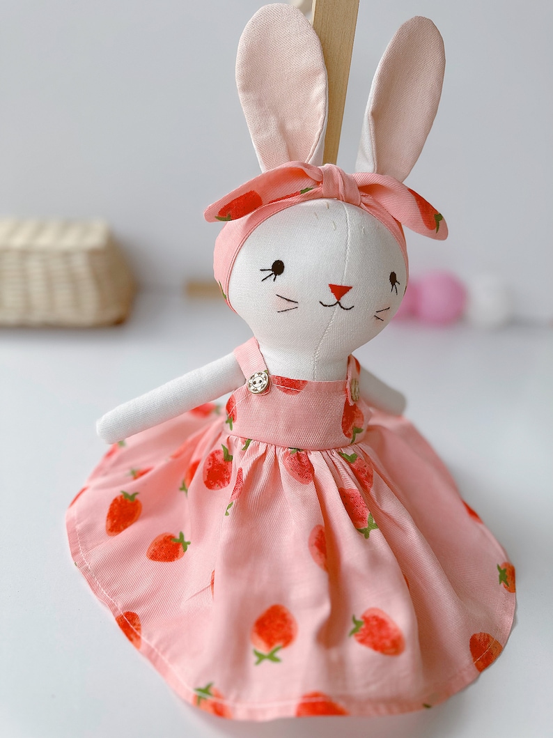 Bunny Dolll With Pink Strawberry Dress, Heirloom Handmade Doll, Textile Doll, Doll Princess Dress, 33 cm 13 inches image 9