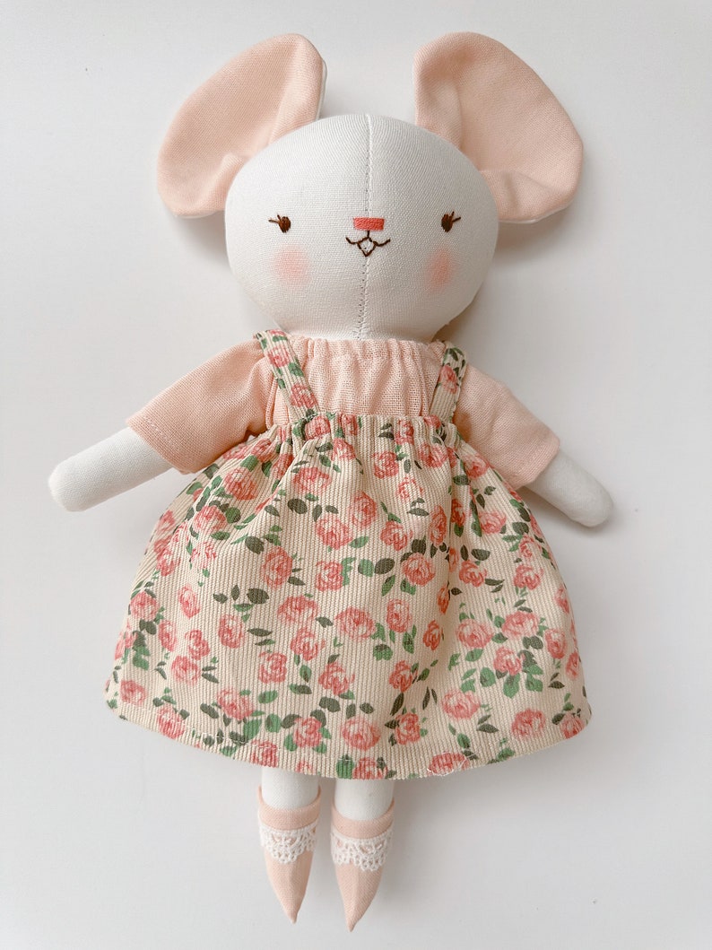 Mouse Doll, Fabric Rat Doll With Rose Dress, Soft Doll Nature Linen, Handmade Stuffed Animal Toy, Unique Art Doll, Cloth Doll image 3