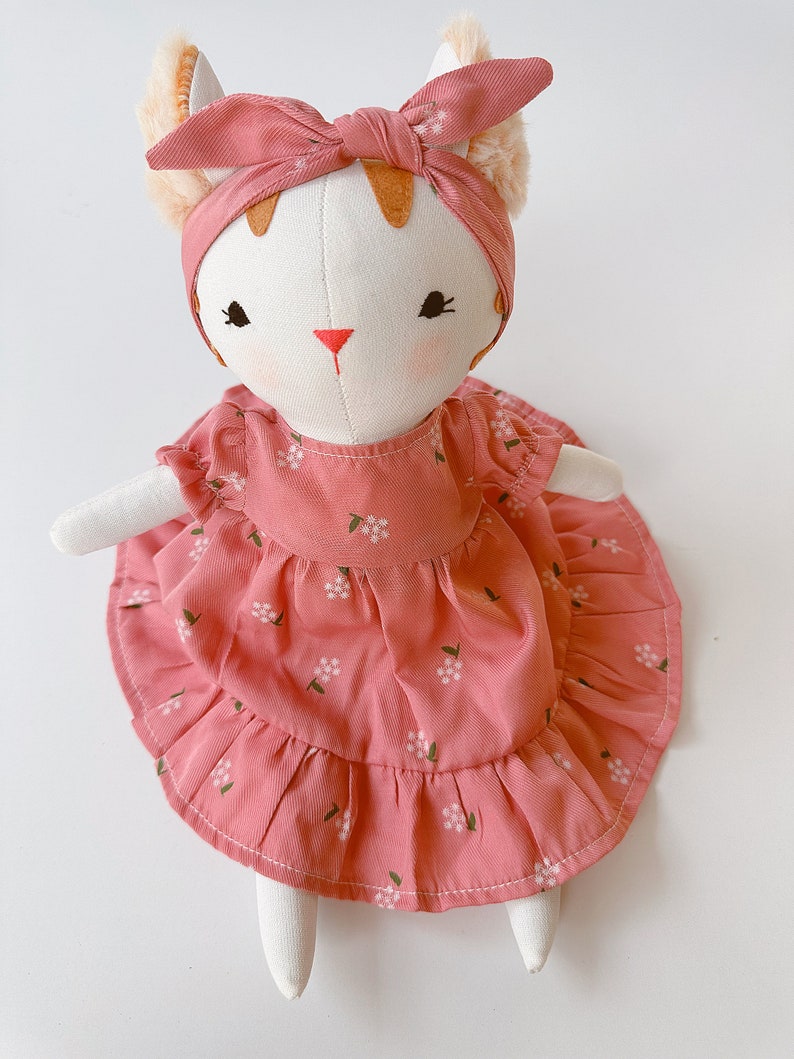 Kitty Doll With Pink Sundress, Soft Doll Linen Fabric, Stuffed Animal Toys And Clothes, Gift for Christmas, Christening, Birthday, Nursery image 3
