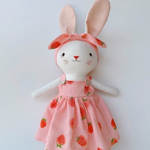 Bunny Dolll With Pink Strawberry Dress, Heirloom Handmade Doll, Textile Doll, Doll Princess Dress, 33 cm 13 inches image 10