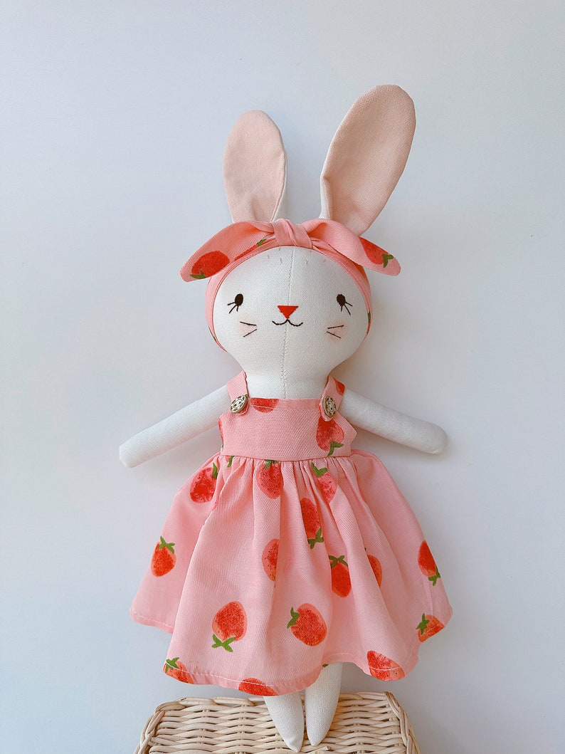 Bunny Dolll With Pink Strawberry Dress, Heirloom Handmade Doll, Textile Doll, Doll Princess Dress, 33 cm 13 inches image 10