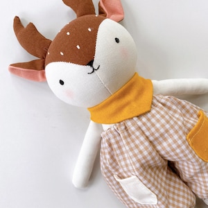 NEWEST Design Deer Doll Linen Heirloom, Stuffed Animal Doll Deer Doll With Overalls, Hand Embroidered Handmade Fabric Doll image 9