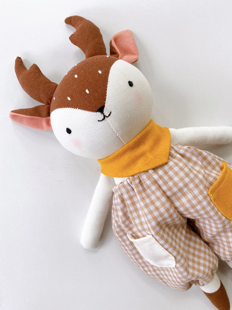 NEWEST Design Deer Doll Linen Heirloom, Stuffed Animal Doll Deer Doll With Overalls, Hand Embroidered Handmade Fabric Doll image 9