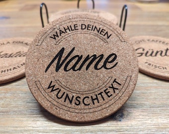 Cork coaster set with desired text (personalized) - With stand and hard wax protection for families, shared apartments, friends, relatives and events