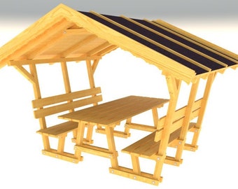 Groupe de sièges, banc avec toit, bricolage, plan, plan, banc de jardin, banc, plan, instructions, pdf, toit à pignon, construire soi-même un banc de jardin, abri, assis