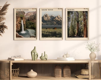 Nationalparkstryck Set med 3, Grand Canyon, Sequoia-affischer, utskrivbara reseaffischer, bohemisk rustik bergsstugedekor, digital nedladdning