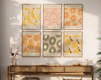 Fruit Market Print Set of 6, Digital Download, Lemon Orange Kiwi Fruit Market Posters, Colourful Wall Art, Botanical Gallery Wall Set