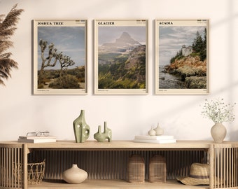 Nationalparkstryck Set med 3, Acadia, Glaciär, Joshua Tree-affischer, Utskrivbara reseaffischer, Bohemisk rustik bergsstugedekor