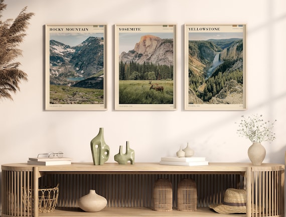National Park Art Prints Set of 3, Boho Prints, National Park Poster, Rocky Mountain Print, Yosemite Poster, Yellowstone Print
