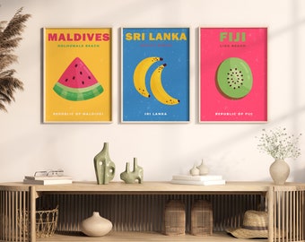 Reseposters, set med 3 tryck, Sri Lanka, Maldiverna, Fiji (digital nedladdning)