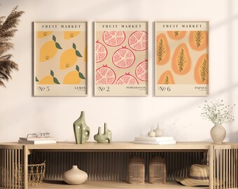Fruktmarknadstryck, set med 3, citron- och granatäpple-papayaposters (digital nedladdning)