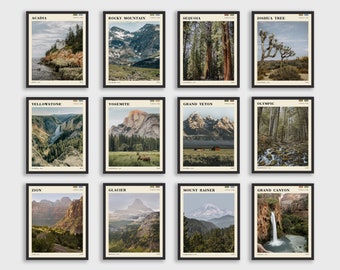 May include: A collage of 12 vintage-style posters featuring scenic views of national parks in the United States. Each poster features the name of the park in a bold font and a landscape photograph. The parks featured are Acadia, Rocky Mountain, Sequoia, Joshua Tree, Yellowstone, Yosemite, Grand Teton, Olympic, Zion, Glacier, Mount Rainier, and Grand Canyon.