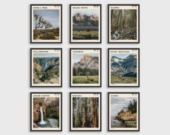 National Park Wall Art Set of 9, Vintage Travel Posters, Printable Travel Posters, Rustic Mountain Cabin Gallery Wall, Digital Download