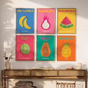 Travel Posters, Set of 6 Prints, Aesthetic Room Decor, Digital Download, Bali Print, Fiji Print, Thailand Print, Colourful Art, Island Print