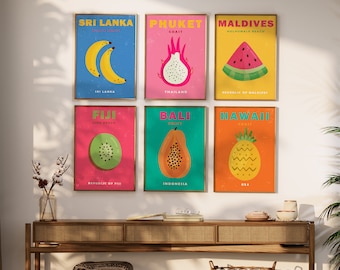 Konsttryck med tropiska öar, set om 6, Bali, Fiji (digital nedladdning)