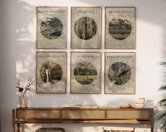 National Park Wall Art Set of 6, Rocky Mountain, Yellowstone, Sequoia Posters, Printable Travel Posters, Rustic Mountain Cabin Decor