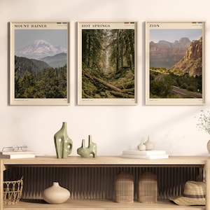 Lot de 3 gravures Parc national, gravures bohèmes, sources chaudes du mont Rainier Zion