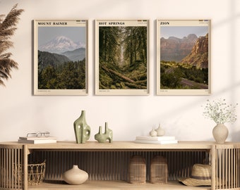 Nationalparkstryck Set med 3, Zion, Mount Rainier-affischer, utskrivbara reseaffischer, bohemisk rustik bergsstugedekor, digital nedladdning