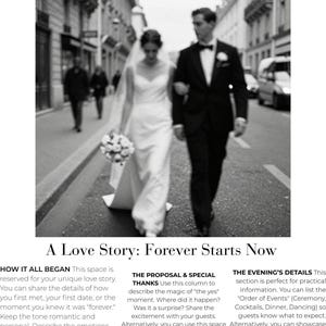 Może przedstawiać: Czarno-białe zdjęcie gazety ślubnej zatytułowanej "The Daily Vows". Na zdjęciu widać pannę młodą i pana młodego idących ramię w ramię ulicą. Tekst w gazecie zawiera sekcje dotyczące historii miłosnej, oświadczyn i szczegółów wieczoru.
