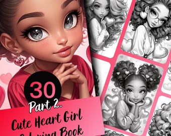 Kleurboek Heart Girl voor volwassenen en tieners, 30 kleurplaten in grijstinten, afdrukbare pdf direct downloaden