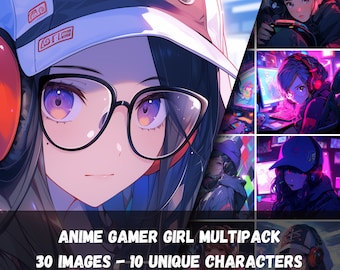 Anime Gamer Girl Multipack, 30 Images - 10 Unique Characters, Perfect for Social Media Profile Pictures, Wallpapers, Manga&Anime Room Decor