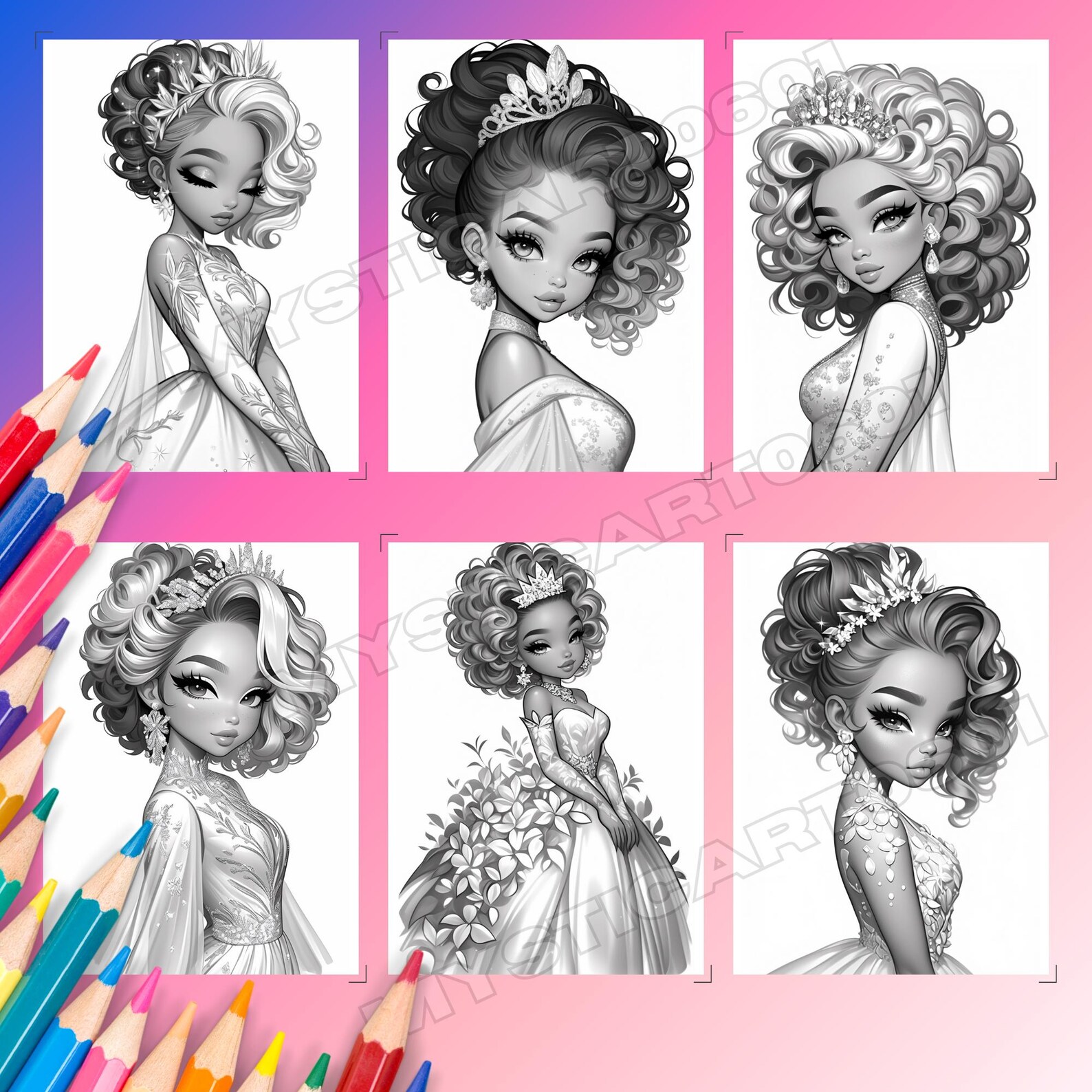 Princess Coloring Book Part 2 – 30 Grayscale Pages (printable PDF) - Etsy