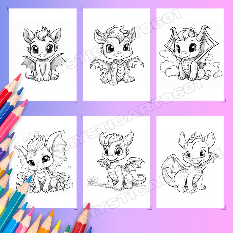 Baby Dragons Coloring book, Baby Dragon Coloring Book for Kids and Adults, Instant Download, Printable PDF, Grayscale Coloring Pages