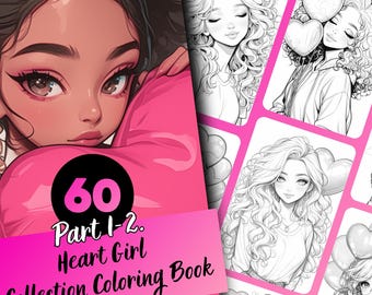 Kleurboek Heart Girl voor volwassenen en tieners, 60 kleurplaten in grijstinten, afdrukbare pdf direct downloaden
