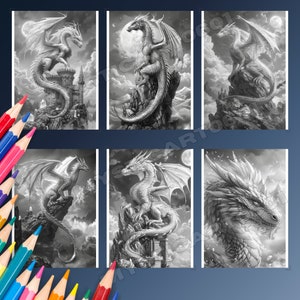 May include: Six black and white illustrations of dragons on rocky cliffs. Each dragon is in a different pose, with wings spread and tails curled. The dragons are all facing forward, with their heads held high. The illustrations are detailed and realistic, with intricate scales and claws.