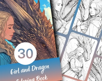 Girl and Dragon Coloring Book, 30 Page Fantasy Art (Printable PDF)
