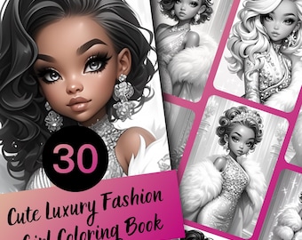 May include: A black and white coloring book with 30 pages featuring cute luxury fashion girls. The cover features a black woman with long black hair wearing a sparkly dress and a fur stole. The title of the book is "Cute Luxury Fashion Girl Coloring Book".