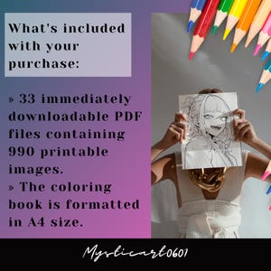anime coloring book mega bundle details showing 33 downloadable PDF files with 990 printable coloring pages in A4 format, digital anime coloring bundle information graphic