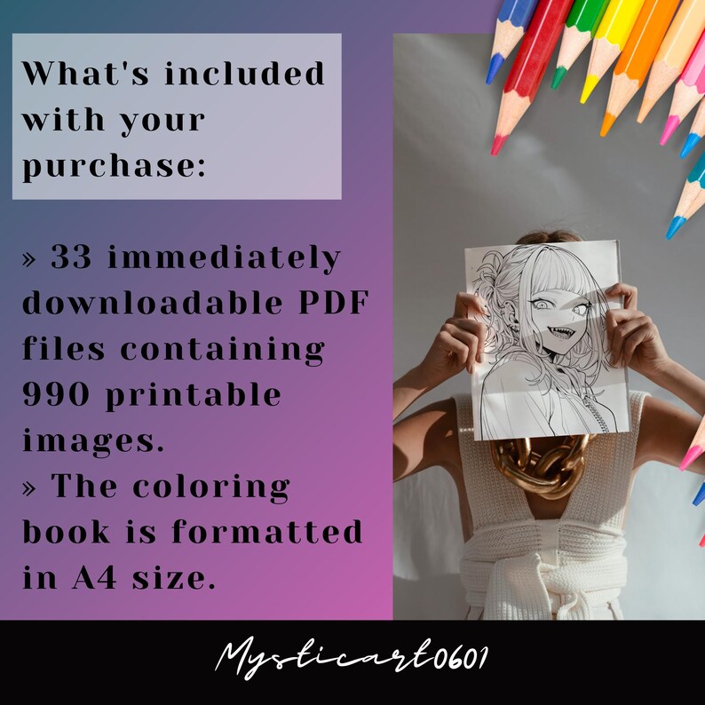 anime coloring book mega bundle details showing 33 downloadable PDF files with 990 printable coloring pages in A4 format, digital anime coloring bundle information graphic