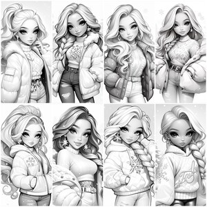 May include: A digital illustration of eight girls with long blonde hair wearing winter clothing. The girls are wearing jackets, sweaters, and jeans. The illustration is in black and white.