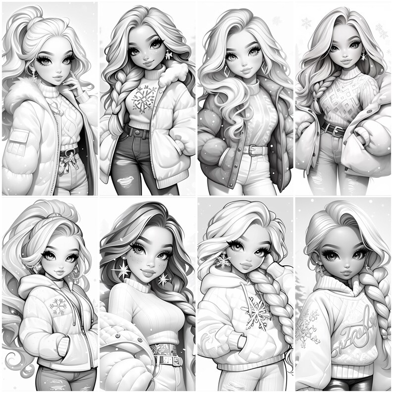May include: A digital illustration of eight girls with long blonde hair wearing winter clothing. The girls are wearing jackets, sweaters, and jeans. The illustration is in black and white.