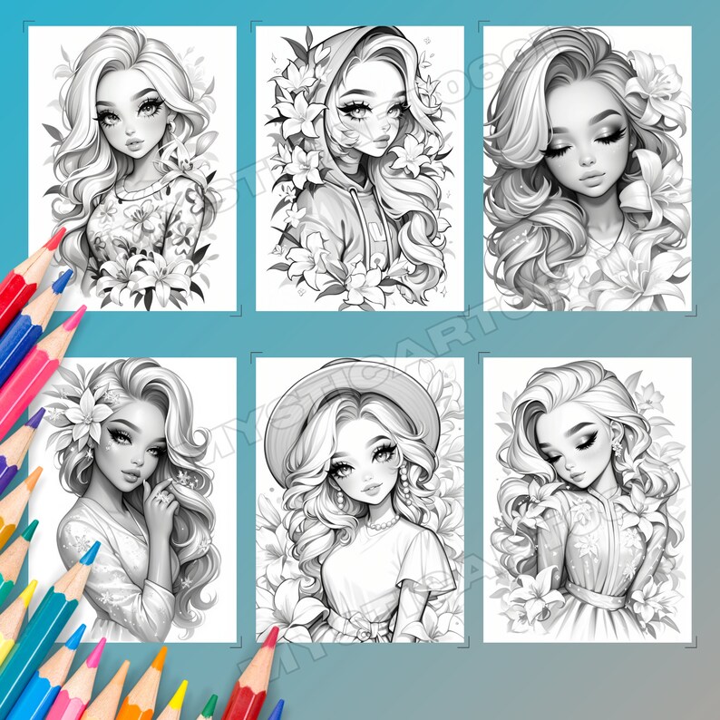 Lily Flower Girl Coloring Book – 30 Page Grayscale Art (printable PDF ...