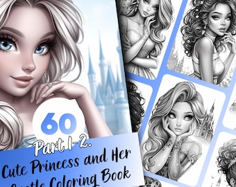 Livre de coloriage Princesse et château pour adultes et adolescents, 60 pages à colorier en niveaux de gris, PDF imprimable téléchargement immédiat