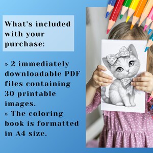 Cute Cat with Bow Coloring Book - 30 Page Grayscale Coloring Book for Kids and Adults, Instant Download, Printable PDF