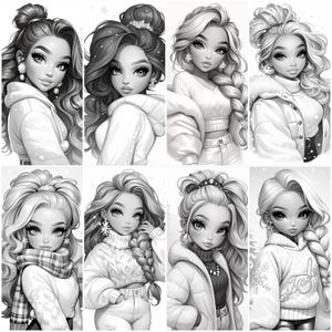 May include: A digital illustration of eight women with different hairstyles and winter clothing. Each woman is wearing a different outfit, including a sweater, a jacket, and a scarf. The women are all smiling and looking at the viewer.