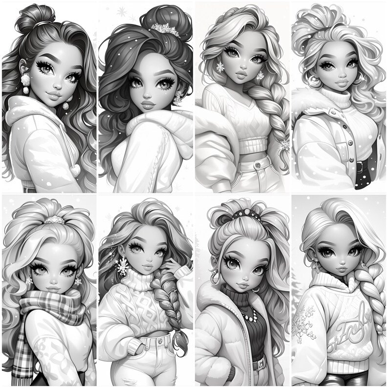 May include: A digital illustration of eight women with different hairstyles and winter clothing. Each woman is wearing a different outfit, including a sweater, a jacket, and a scarf. The women are all smiling and looking at the viewer.