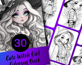 May include: A coloring book featuring 30 illustrations of cute witch girls. The cover shows a witch girl with long blonde hair wearing a black hat and dress. The title of the book is "Cute Witch Girl Coloring Book".