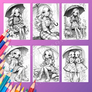 Cute Girl in Spring Rain Coloring Book, Cute Girl in Spring Rain Grayscale Coloring Book for Kids and Adults, Printable PDF
