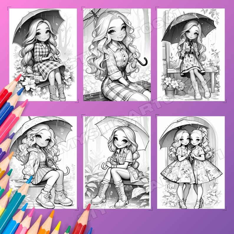 Cute Girl in Spring Rain Coloring Book, Cute Girl in Spring Rain Grayscale Coloring Book for Kids and Adults, Printable PDF