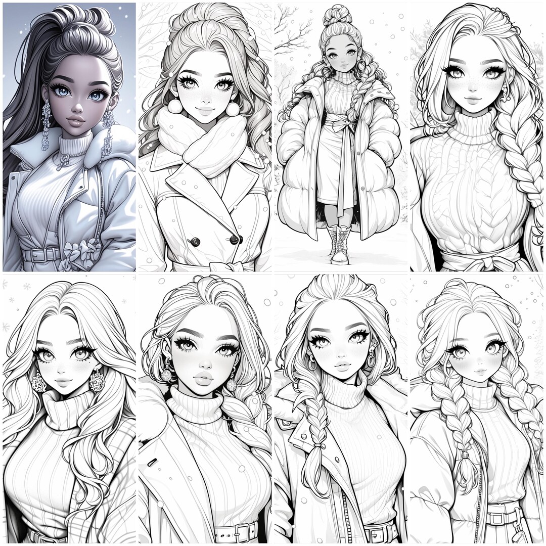 Girl in the Winter Snowfall Coloring Book 30 Page Grayscale Coloring
